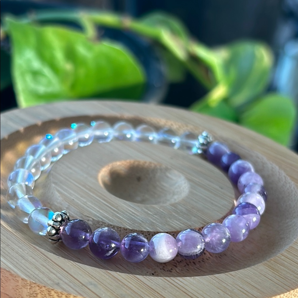 Handmade Amethyst + Aura Quartz Beaded Bracelet